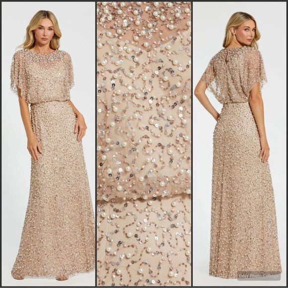 MAC DUGGAL 14523 Beige Beaded Mesh Cape Gown - Picture 1 of 13